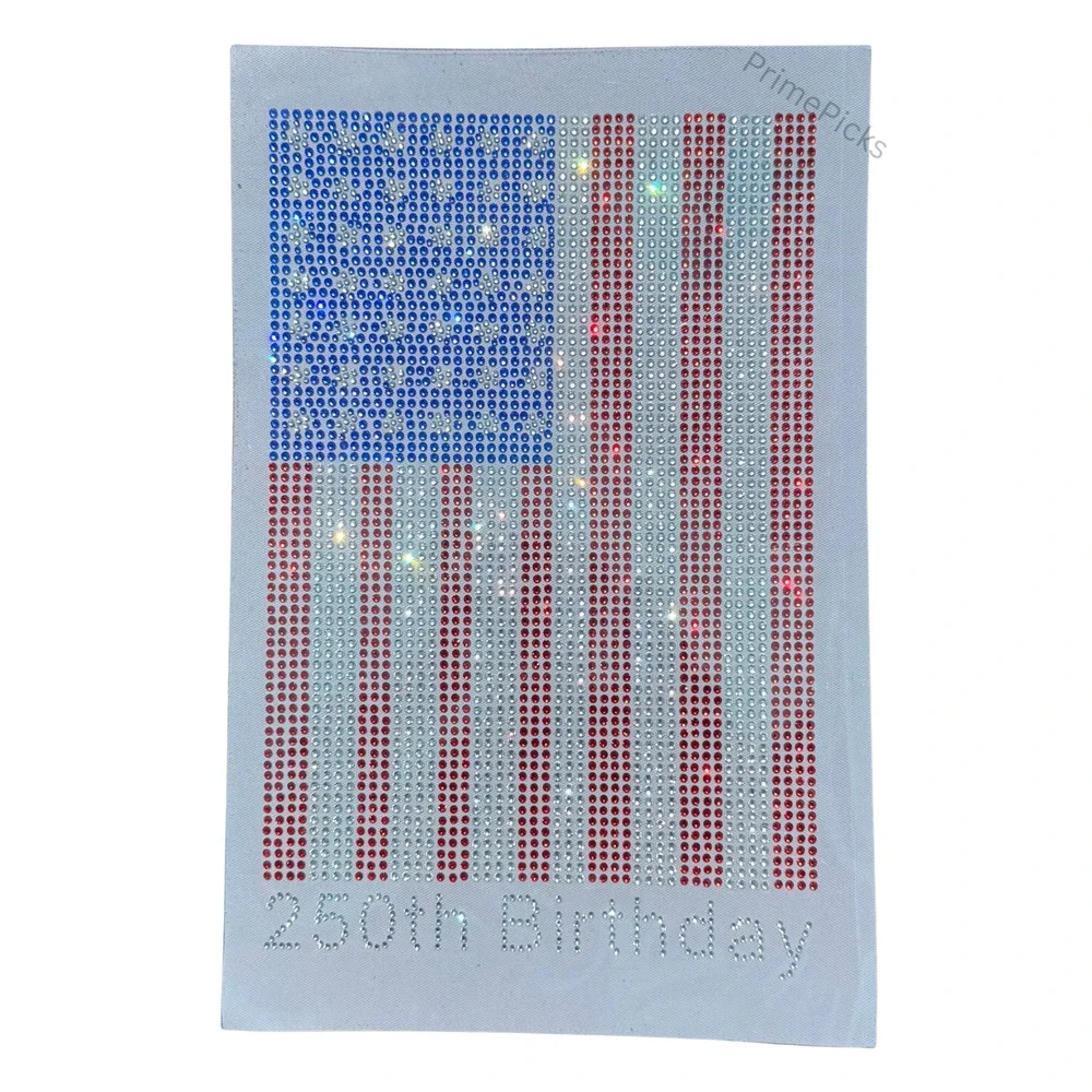 USA Flag Rhinestone Iron-On Patch 250th Birthday Bling Applique 11x7 DIY
